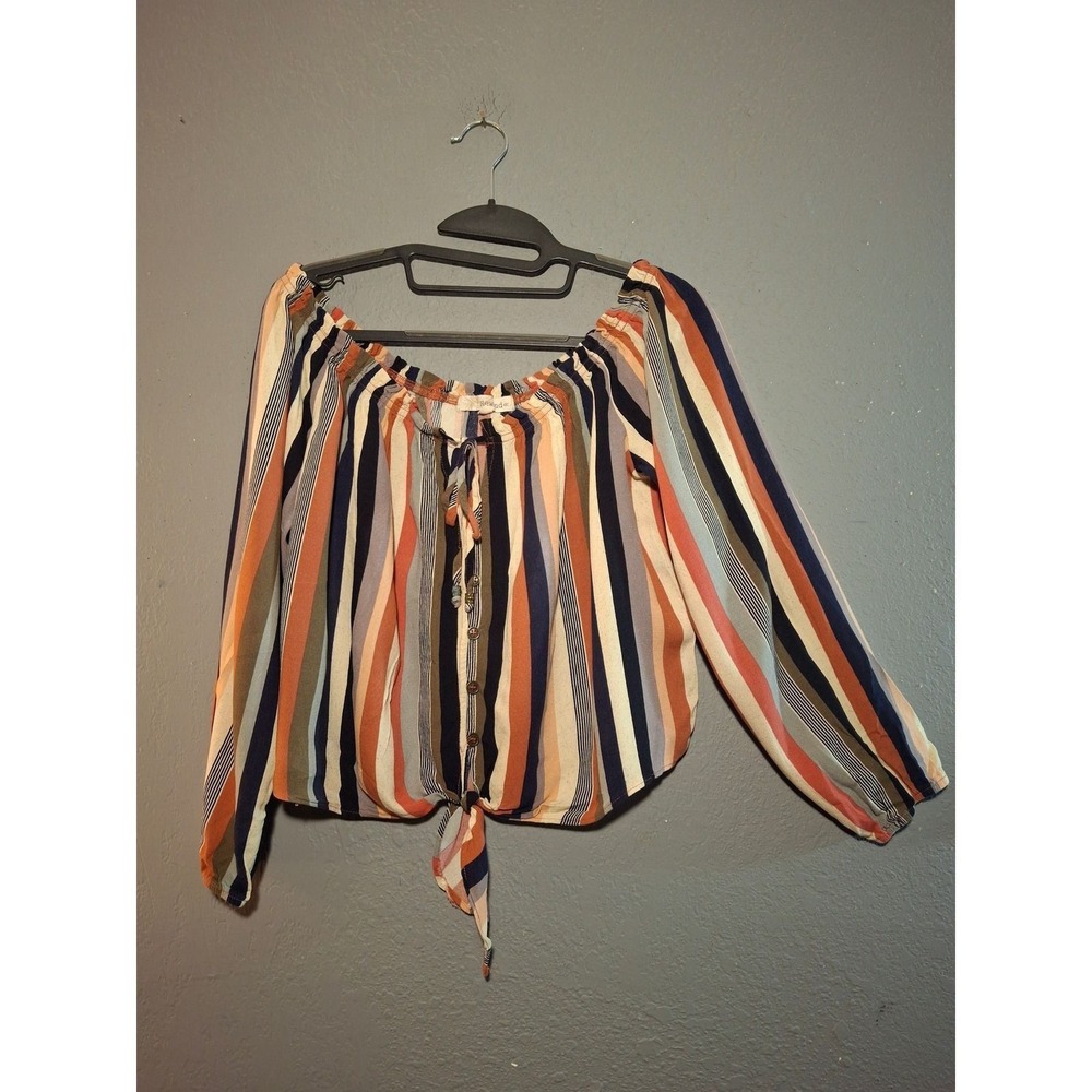 Rewind Womens Multi Color Striped Off Shoulder Tie Front Crop Top Size M